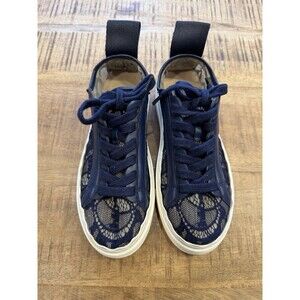 CHLOE Size 35 Lauren Lace Navy Blue White Sneakers Tennis Shoes Leather Scallop
